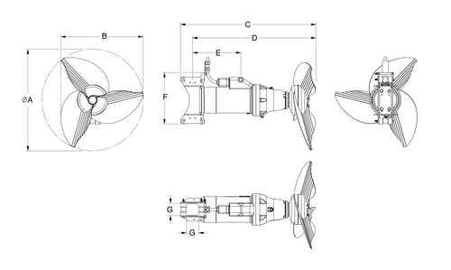 Dimensions of TSR CSA submersible agitator